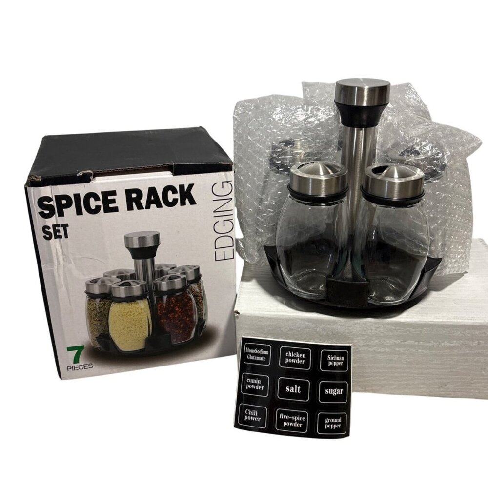 Spice Jar Set 7 Piece Glass & Stainless Steel With Rotating Rack & Labels